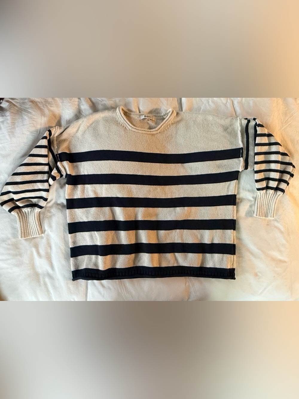 Madewell Blue & Cream Striped 100% Cotton Boxy Rolled Neck & Hem Sweater